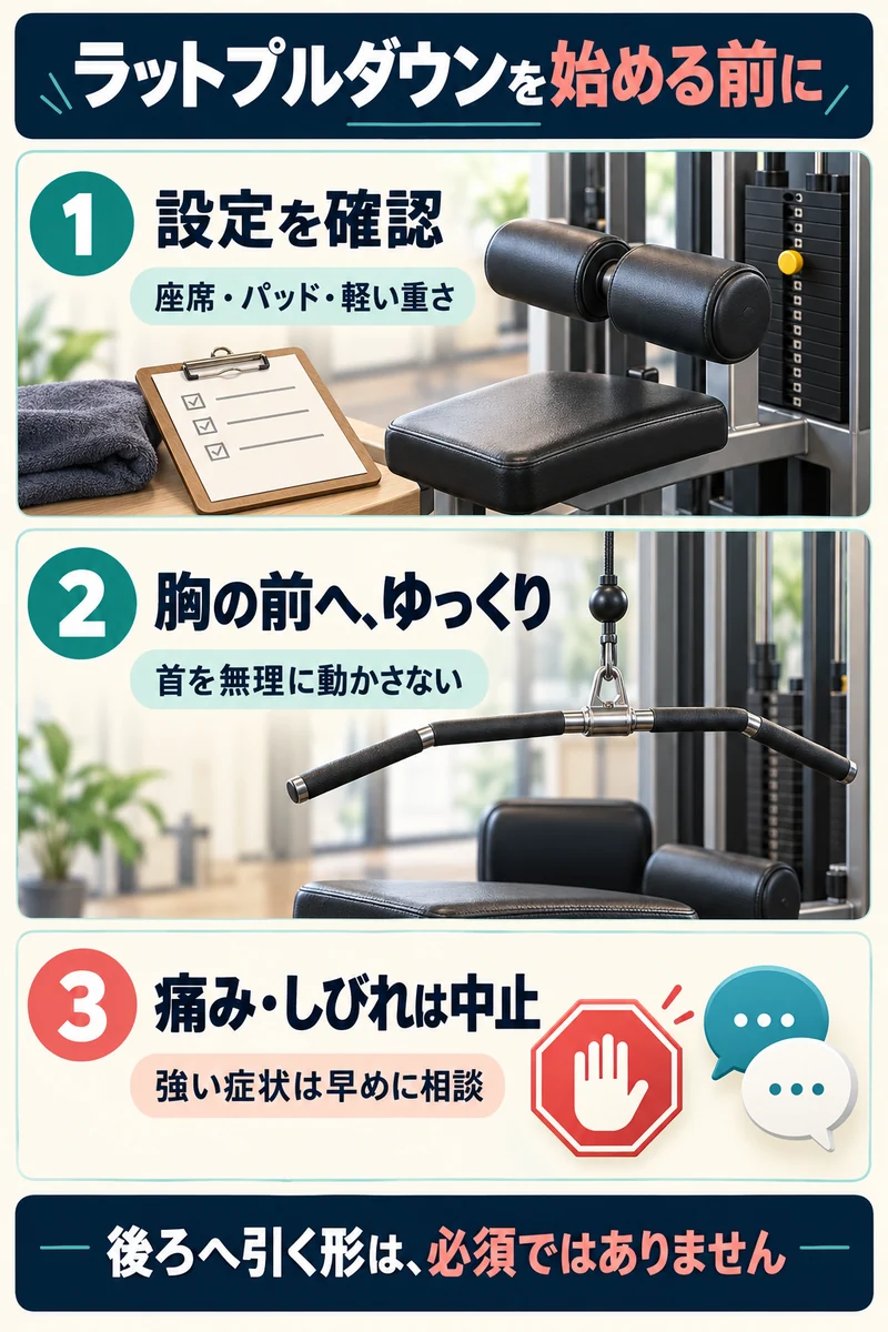 ラットプルダウンの設定確認・胸の前へ引く動作・痛みで中止する流れの図