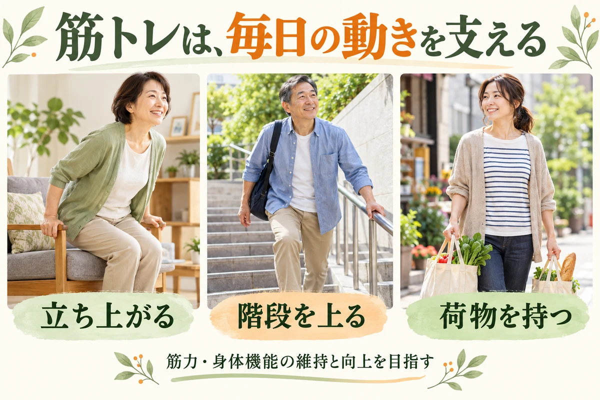 筋力が関わる日常の動作:椅子から立つ、階段を上る、荷物を持つ
