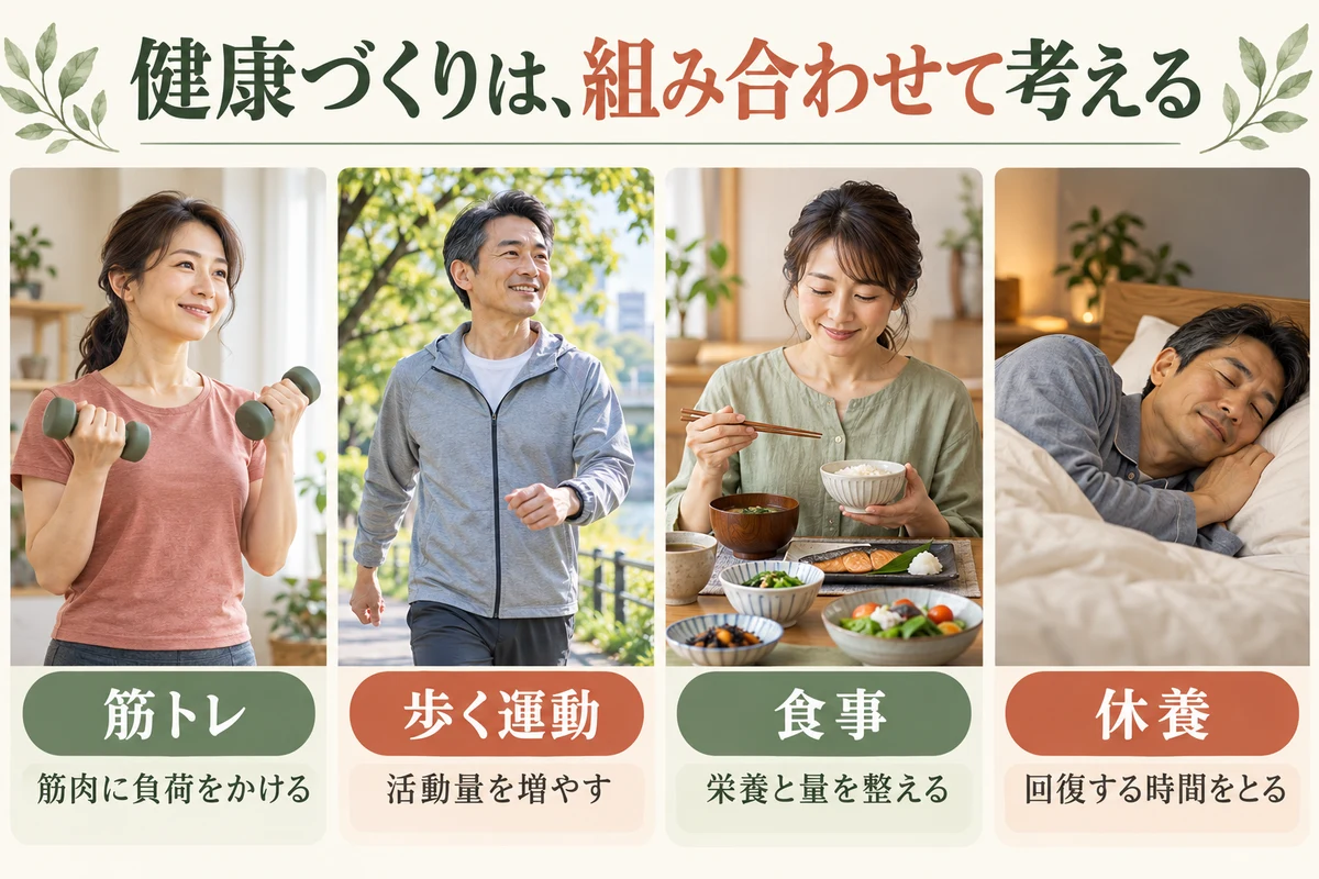 筋トレは筋肉に負荷をかけ、歩く運動は活動量を増やし、食事は栄養と量を整え、休養は回復する時間を確保する