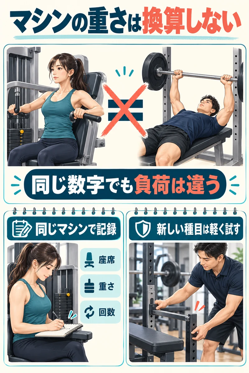 マシンの重さをベンチへ換算せず別々に記録する図