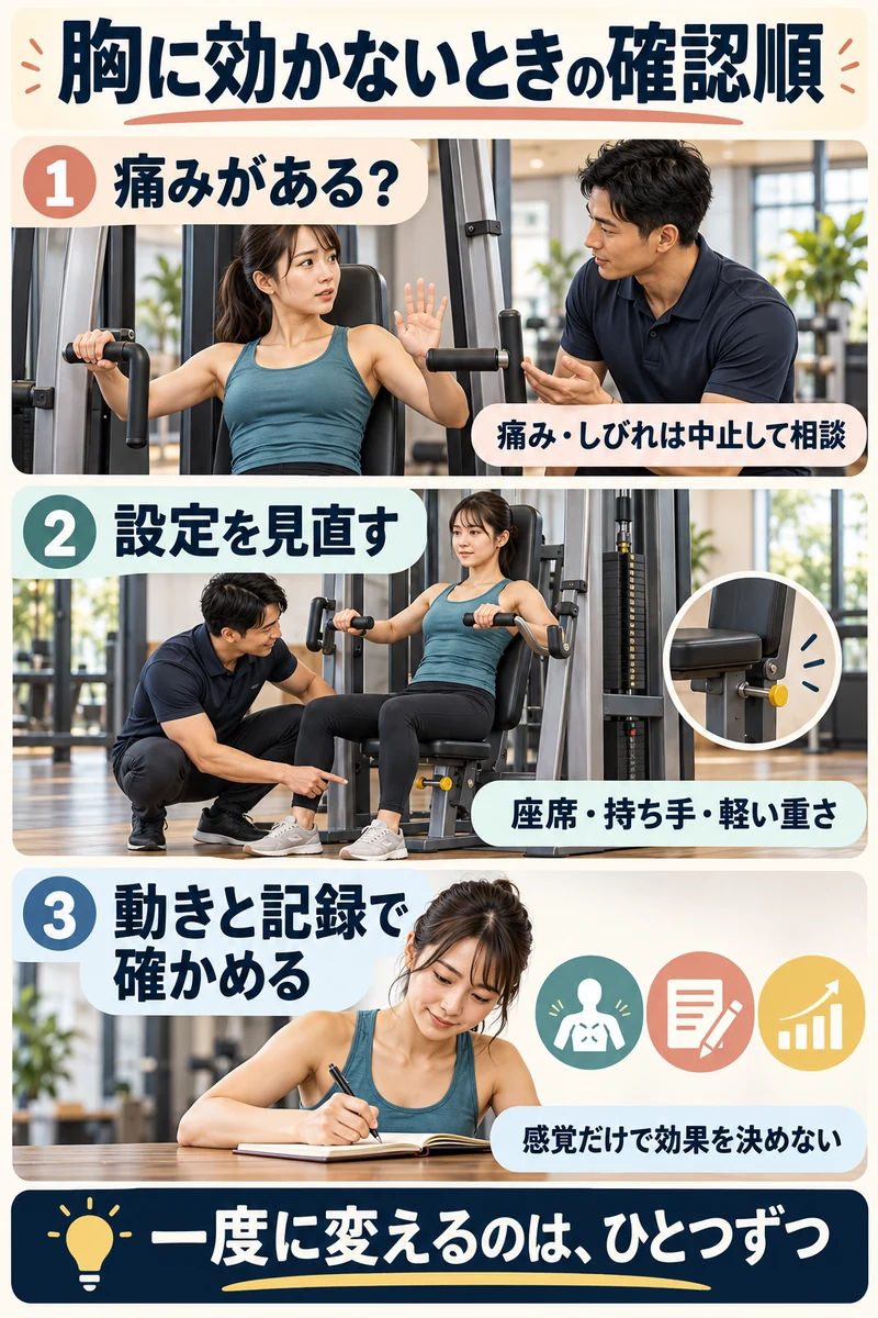 痛みの確認・設定の見直し・動作と記録の3段階を示すチェストプレスの判断図