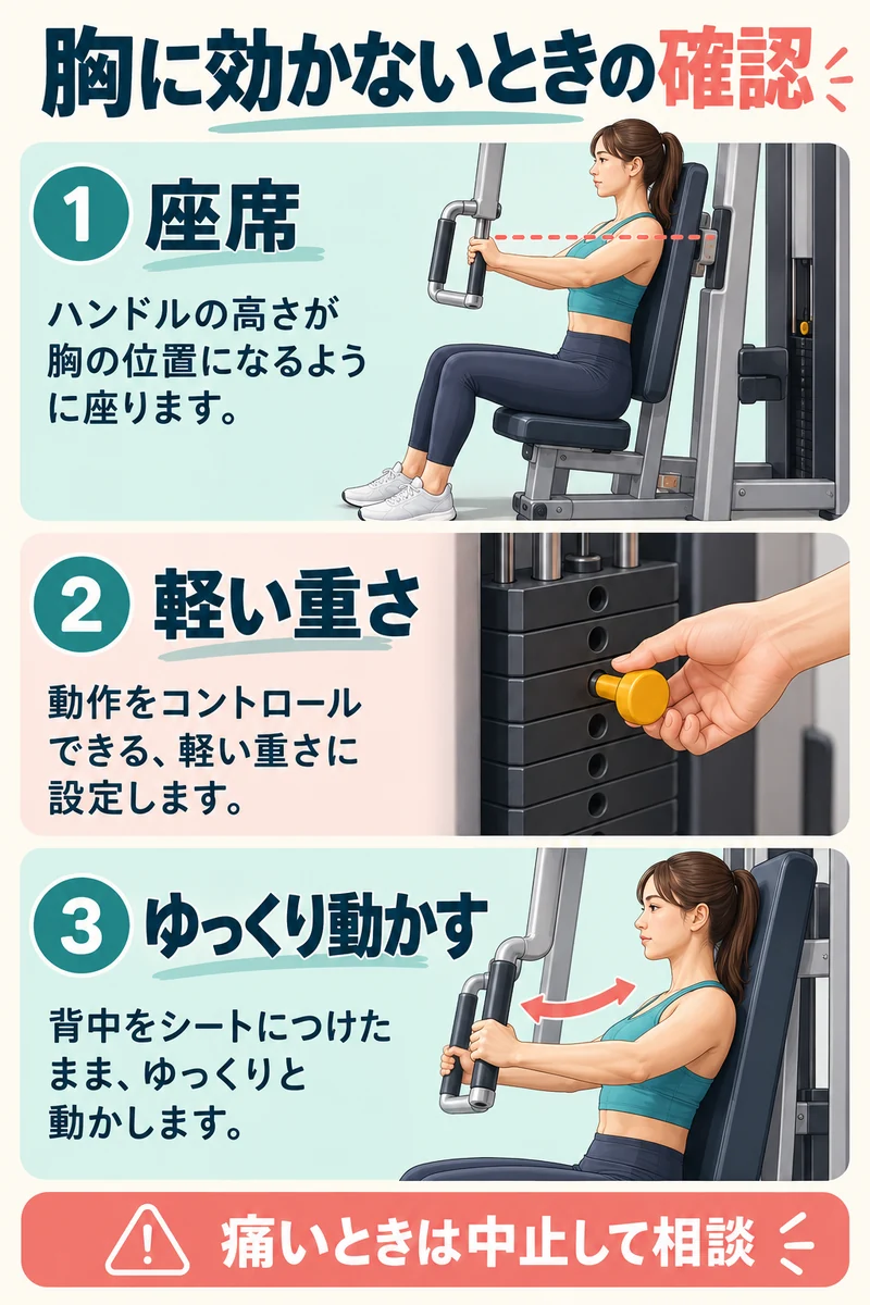 チェストプレスの座席・重さ・動かし方を確認する図
