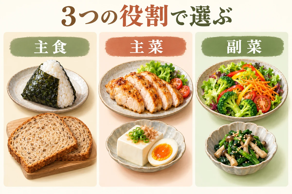 主食はおにぎりやパン、主菜は鶏肉や豆腐・卵、副菜はサラダや野菜のおかずという食品選びの図