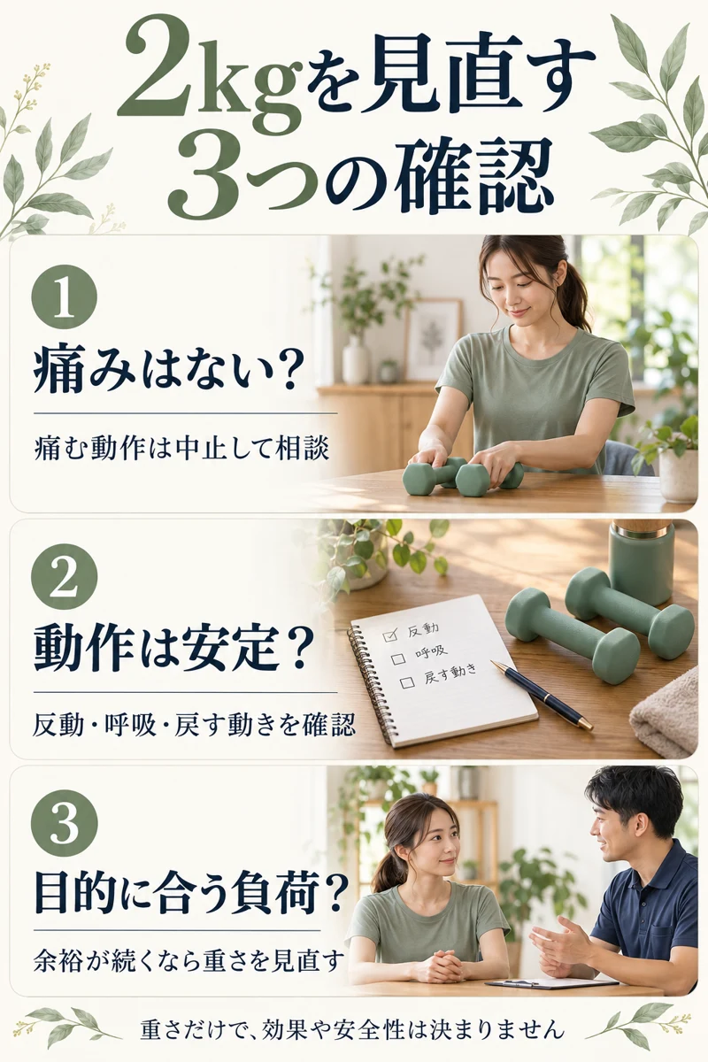 2kgのダンベルを見直す順番。痛みがあれば中止し、動作が安定しているか、目的に合う負荷かを確認する
