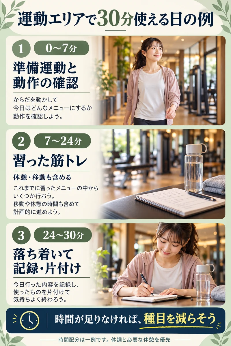 運動エリアで30分使う時間配分の例。最初の7分は準備、次の17分は習った筋トレを休憩込みで、最後の6分はゆっくり動いて記録と片付け