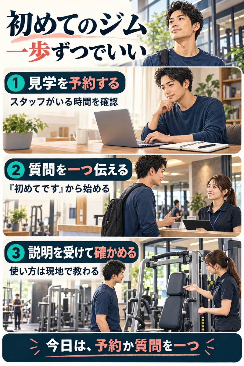 初めてのジムでは、見学を予約し、質問を一つ伝え、器具の説明を受けて確認するという3つの行動。