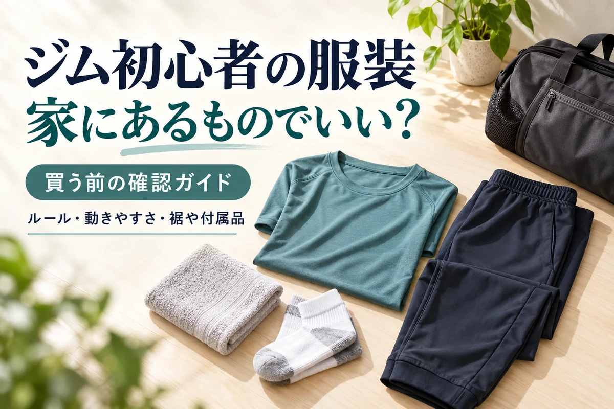 Tシャツ、運動用パンツ、靴下、タオルを並べたジム初心者の服装準備。家にあるものを買う前に確認する。