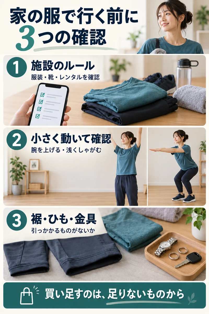 家の服でジムへ行く前に、施設ルール、小さい動作、裾・ひも・金具を確認する3段階