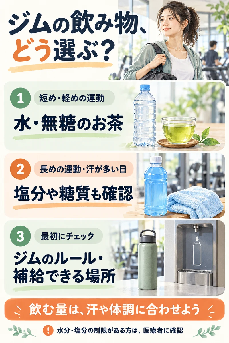 短め・軽めなら水や無糖のお茶、長めの運動や汗が多い日は塩分と糖質も確認。ジムのルールと補給場所も調べる