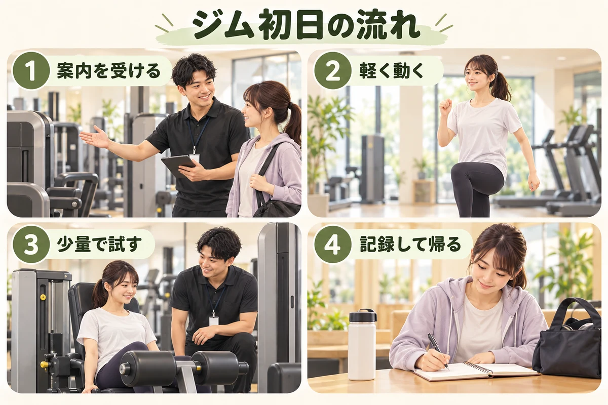 ジム初日は案内を受け、軽く動き、少量で試し、記録して帰るという4段階の流れ