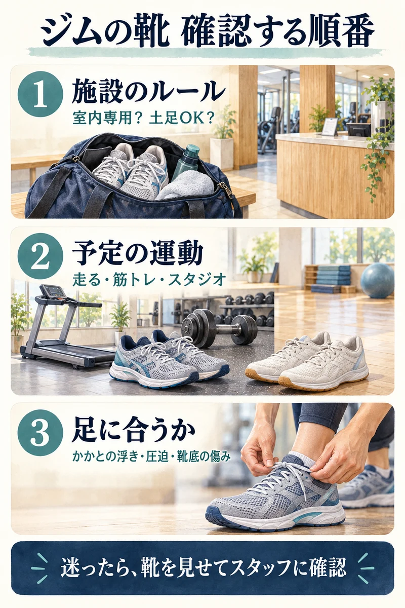 ジムの靴は、施設のルール、予定する運動、足へのフィットと靴底の傷みの順に確認する