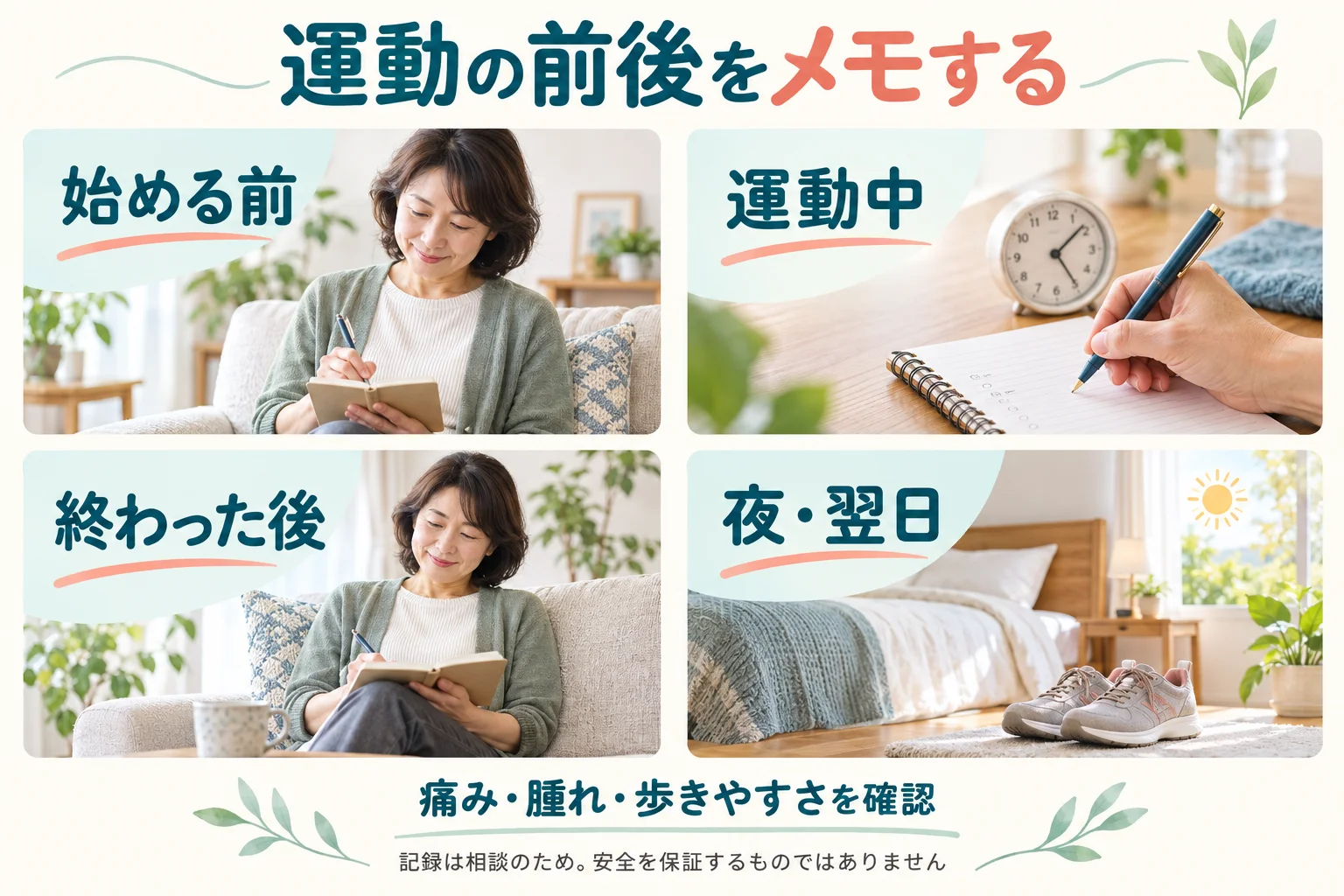 運動の前・中・後・夜と翌日の4つの時点で、痛み、腫れ、歩きやすさを記録する案内