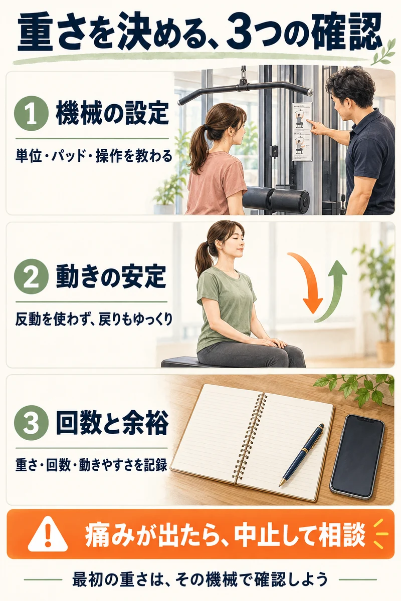 ラットプルダウンの重さは、機械の設定、動きの安定、回数と余裕の３つを確認。痛みが出たら中止して相談する