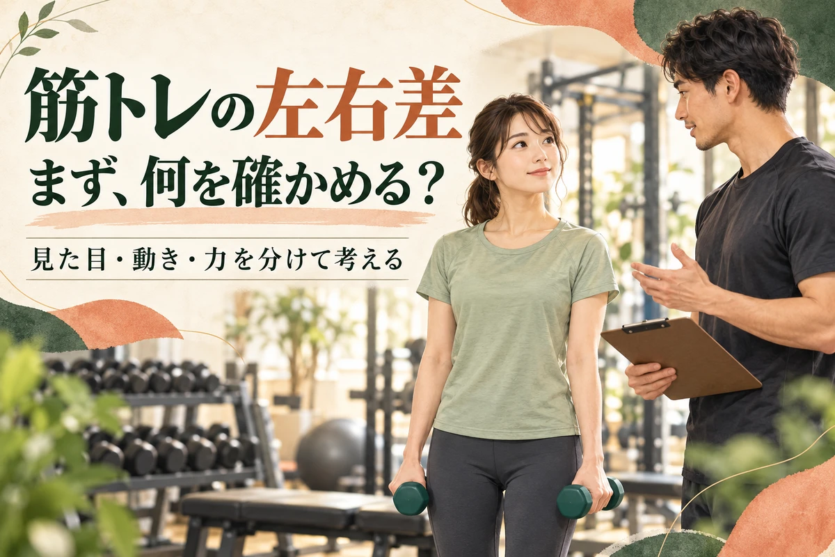 筋トレの左右差について、同じ小型ダンベルを持つ初心者がスタッフへ相談する説明用イメージ。
