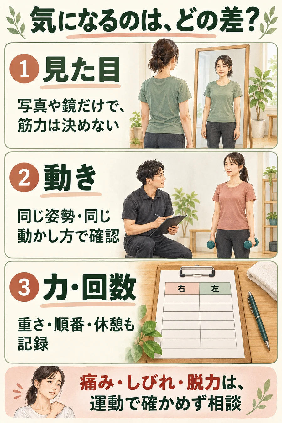 筋トレの左右差を見た目・動き・力や回数に分け、条件をそろえて記録する確認図。