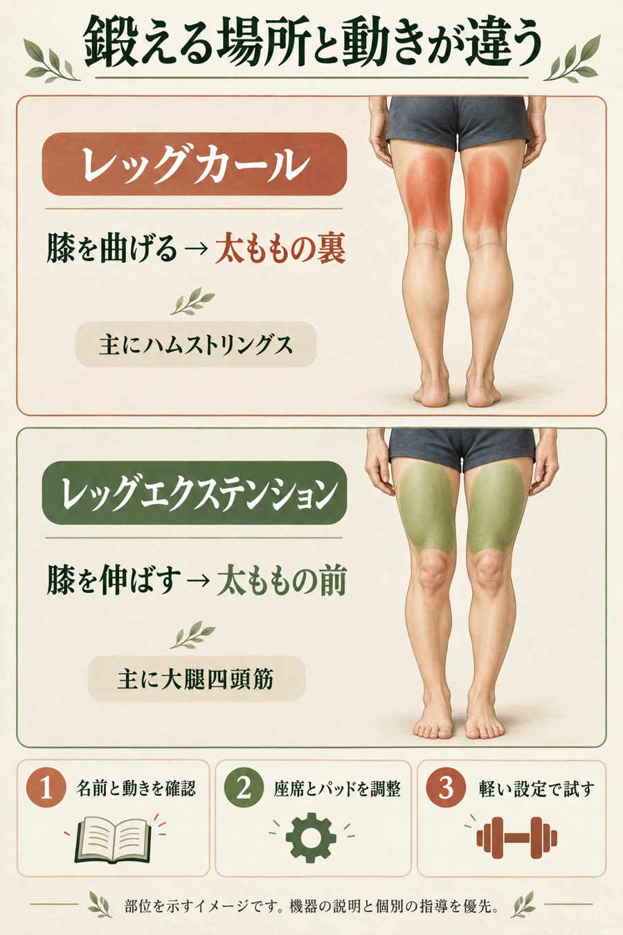 レッグカールは膝を曲げ、主に太ももの裏。レッグエクステンションは膝を伸ばし、主に太ももの前を鍛える比較図。