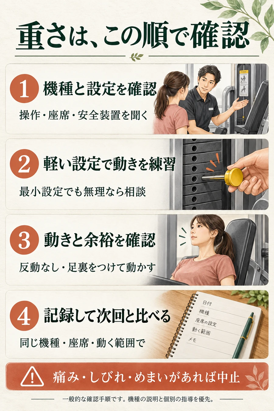 レッグプレスの重さを確認する4手順。機種と設定、軽い負荷での練習、動きと余裕、同じ条件での記録。