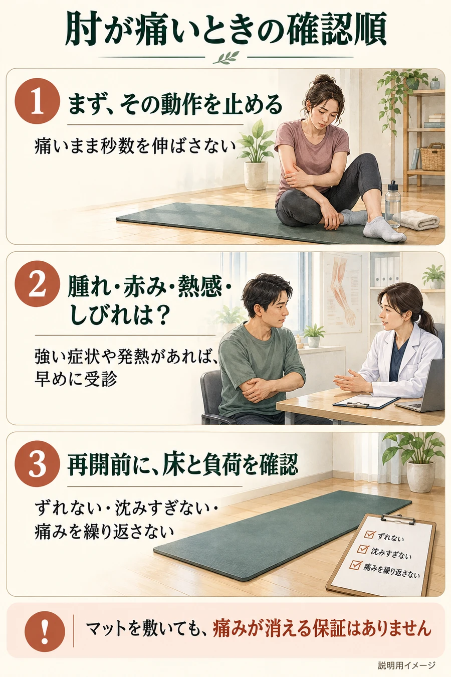 肘が痛い動作を止め、腫れ・赤み・熱感・しびれの相談を優先し、再開前に床と負荷を確認する順番。