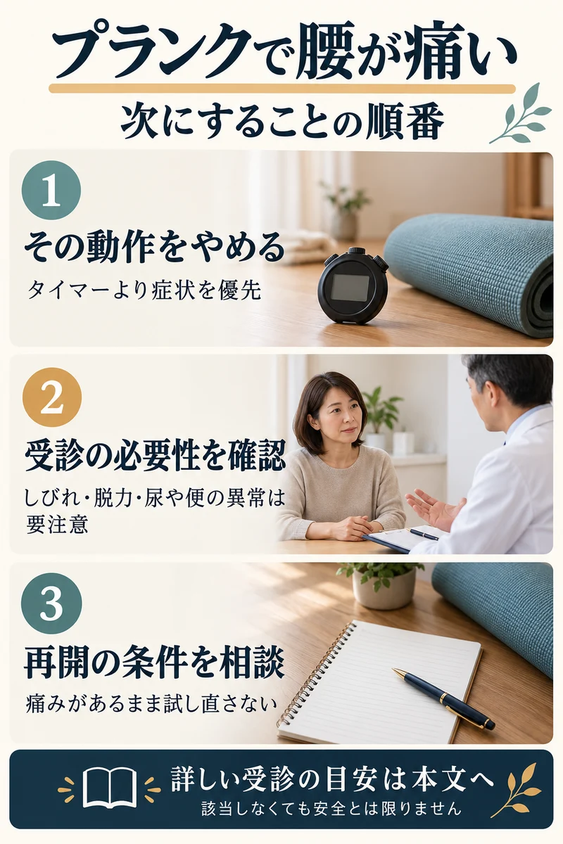 プランクで腰が痛いときは、その動作をやめ、受診の必要性を確認し、再開条件を相談するという判断の順番