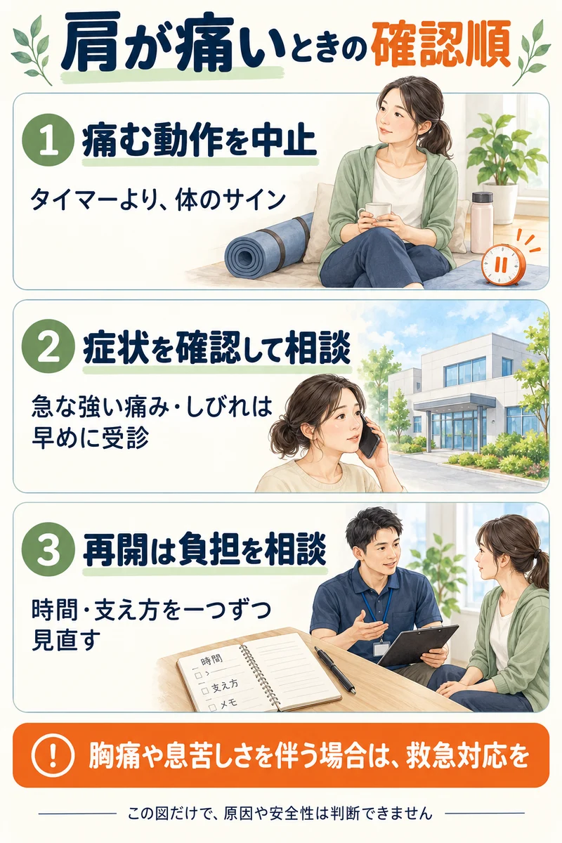 肩が痛いときは動作を中止し、症状を確認して相談する。再開時は時間や支え方を見直す。胸痛や息苦しさは救急対応を考える