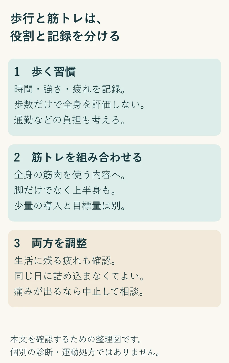 歩く習慣に筋トレを組み合わせる。本文の実践ポイントを3段階で整理