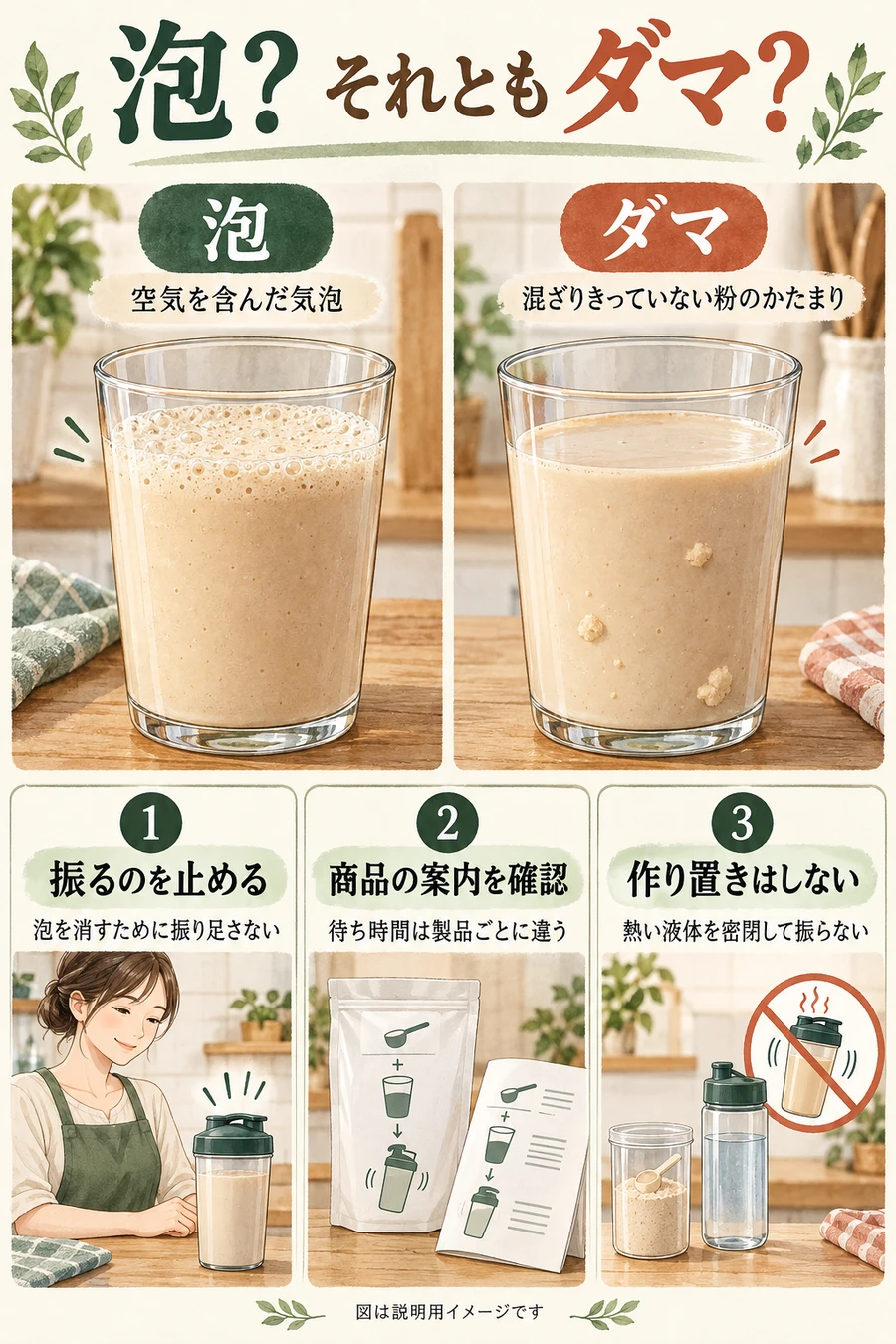 泡は空気を含む気泡、ダマは混ざりきらない粉のかたまり。振り足す前に商品の案内を確認し、作り置きや熱い液体の密閉を避ける図。