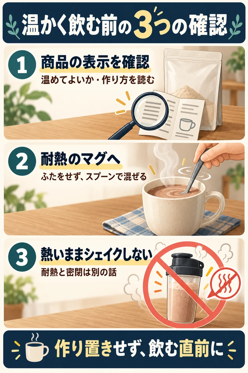 商品の表示を確認し、耐熱のマグで混ぜ、温かいまま密閉シェイクしないという3つの確認