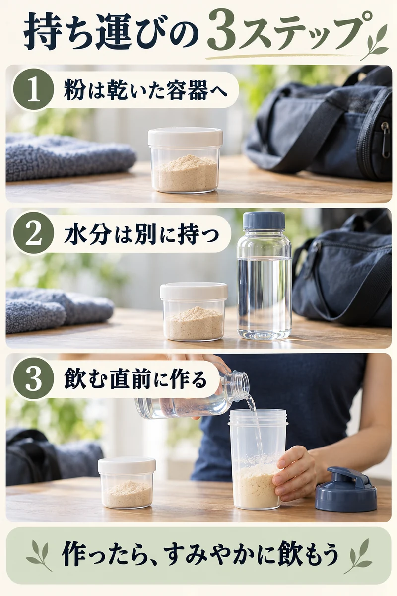 乾いた容器に粉を入れ、水分は別に持ち、飲む直前に作るプロテイン持ち運びの3ステップ
