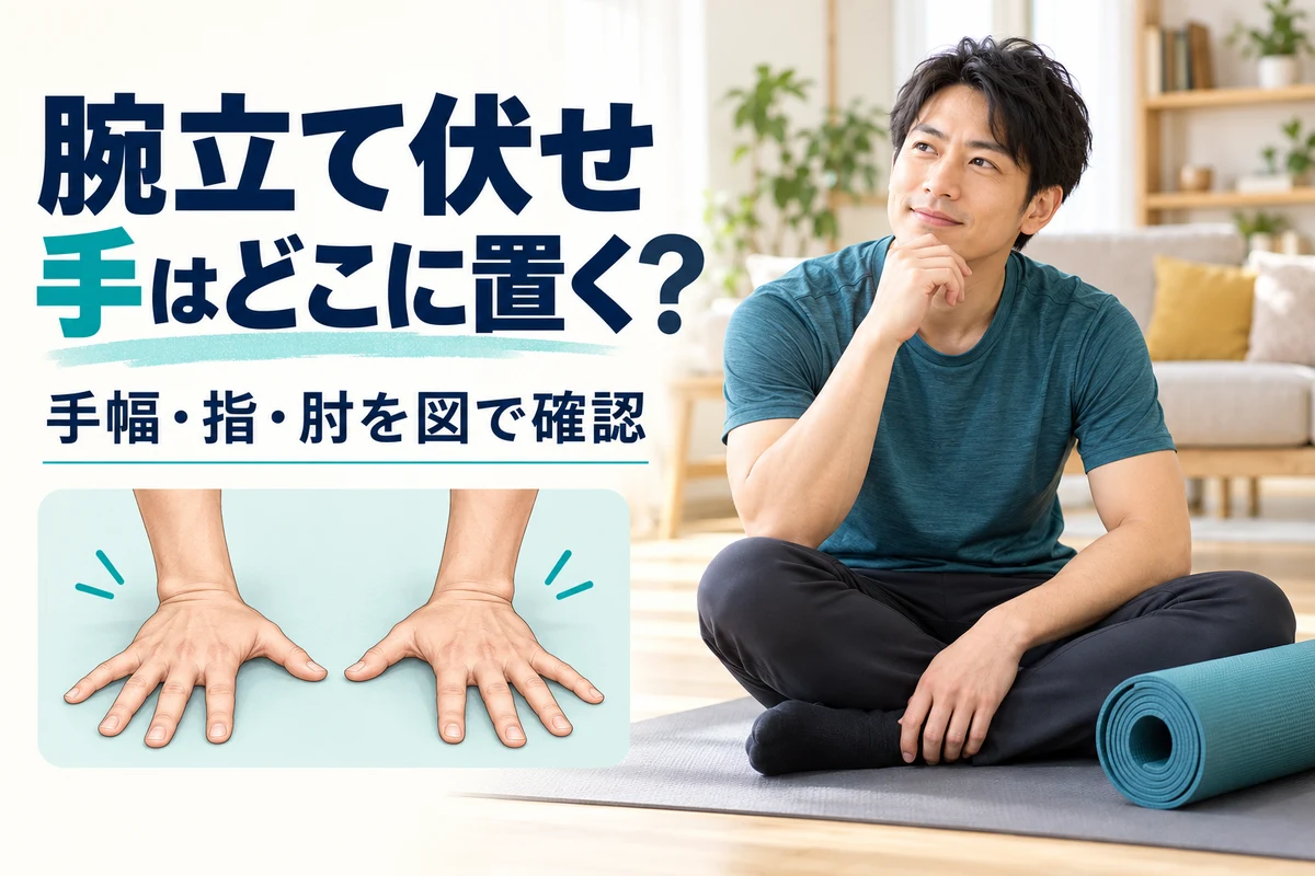 腕立て伏せの手の置き方を考える初心者の男性と、床につく左右の手のイメージ。