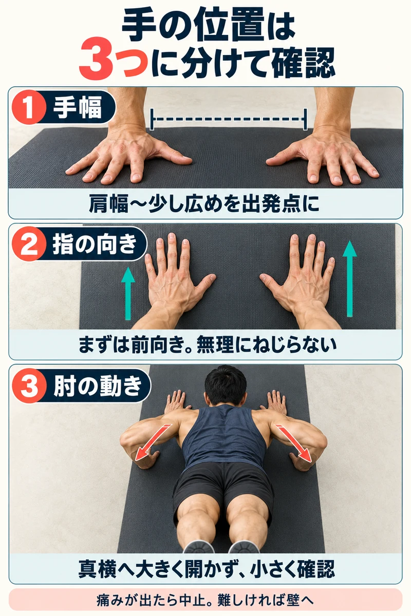 腕立て伏せの手幅は肩幅から少し広め、指先は前向き、肘は真横に大きく開かず軽い条件で確認する3項目の図。