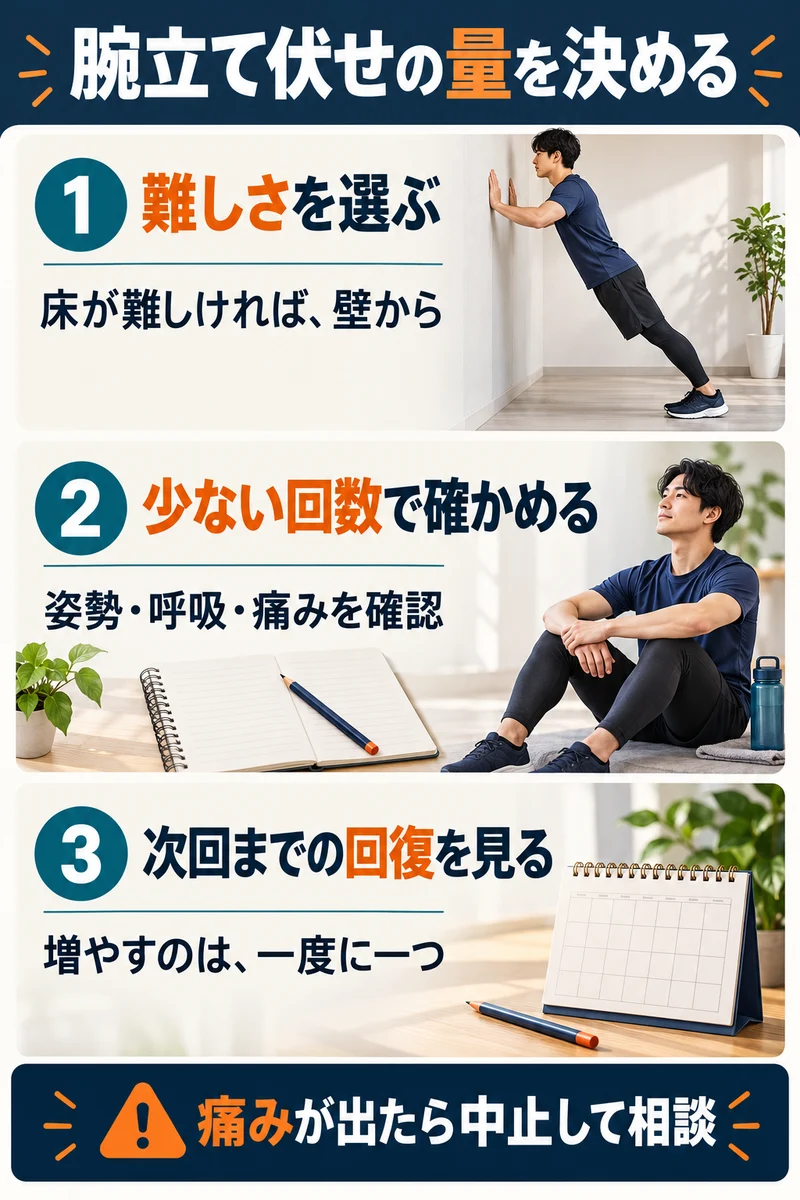 腕立て伏せの量は、難しさを選び、少ない回数で姿勢と呼吸を確認し、次回までの回復を見て調整する3段階で決める。