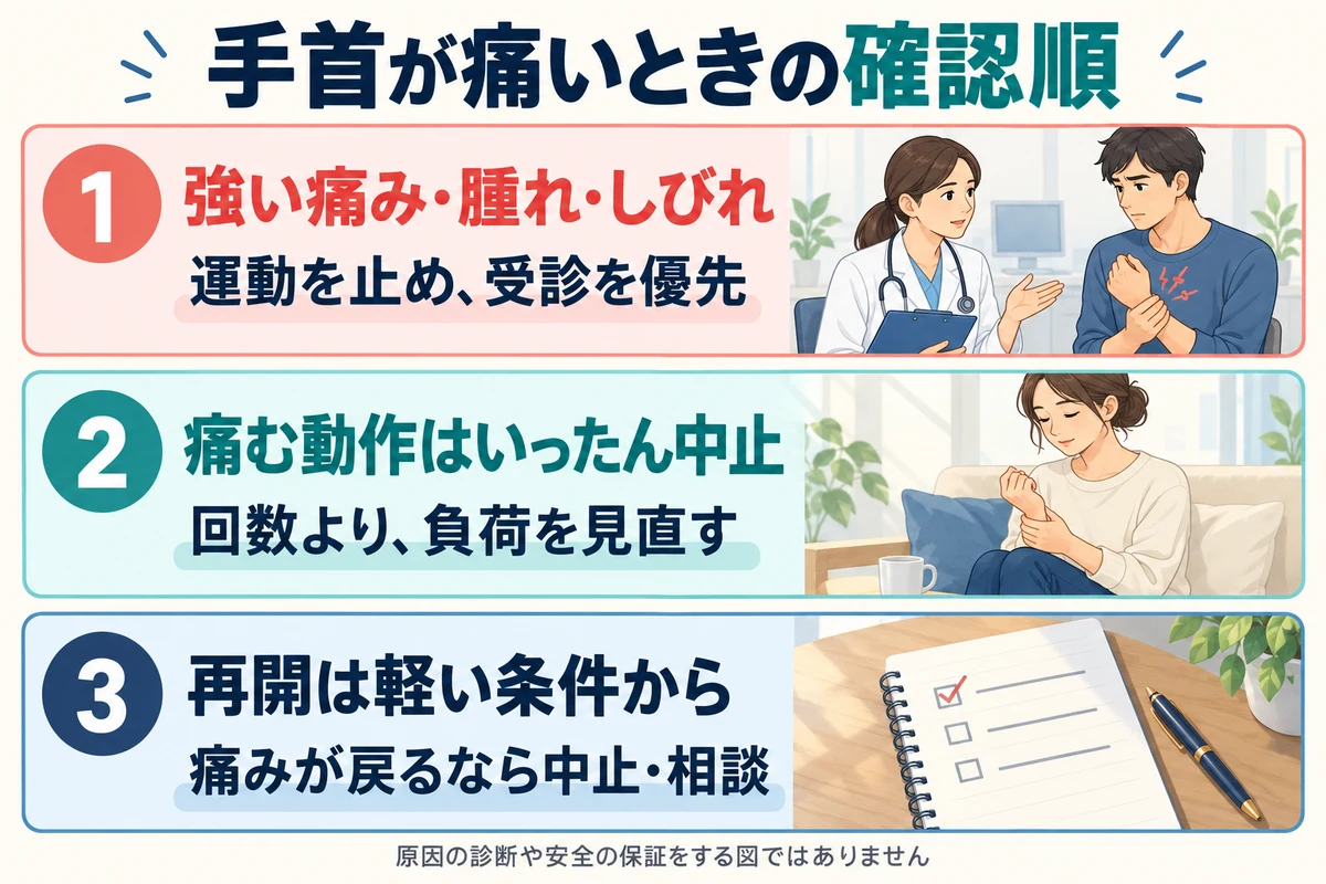 手首が痛いときは受診の兆候を確認し、痛む動作を中止。再開は軽い条件から、痛みが戻れば中止・相談する確認順。