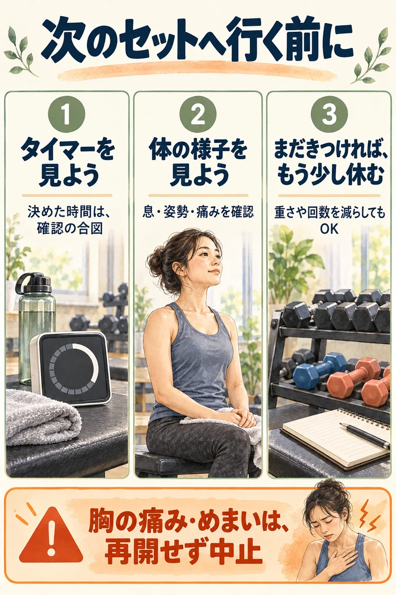 次のセットの前にタイマーを見て、息・姿勢・痛みを確認し、まだきつければ休憩や負荷を見直す３段階