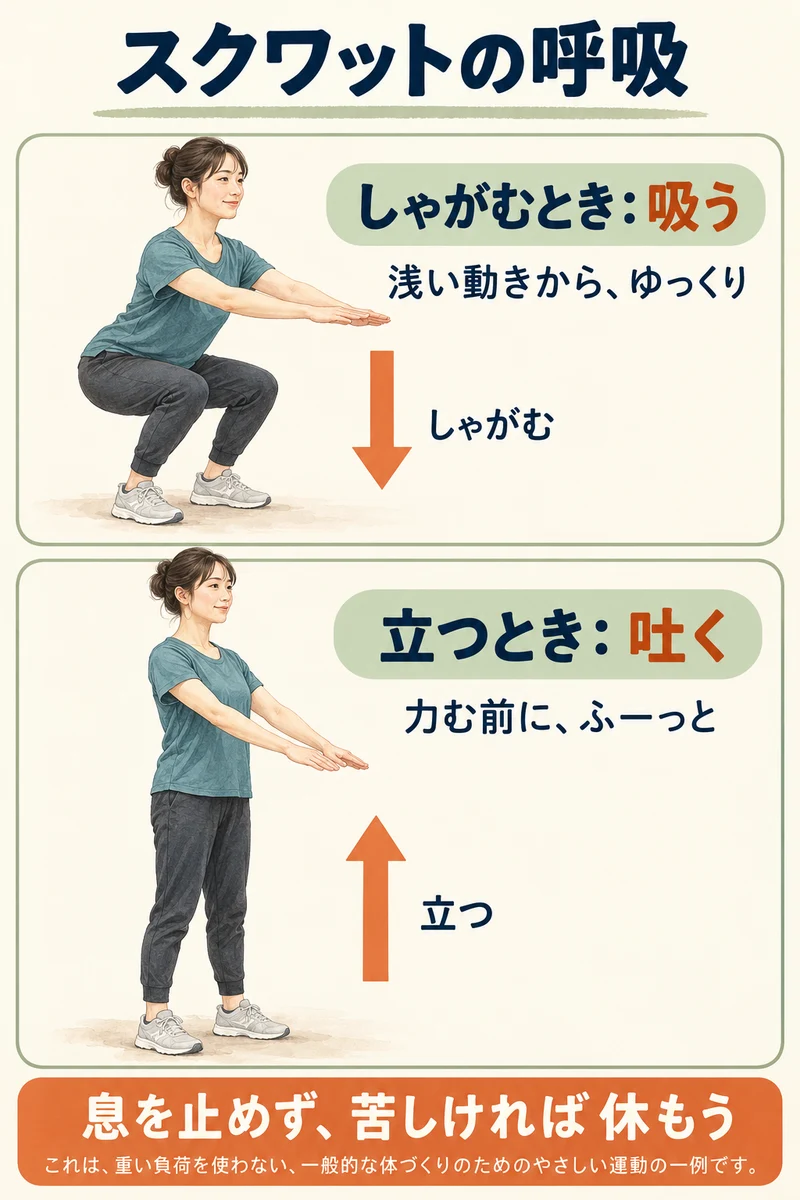 軽いスクワットでは、しゃがむときに吸い、立つときに吐く。息を止めず苦しければ休む