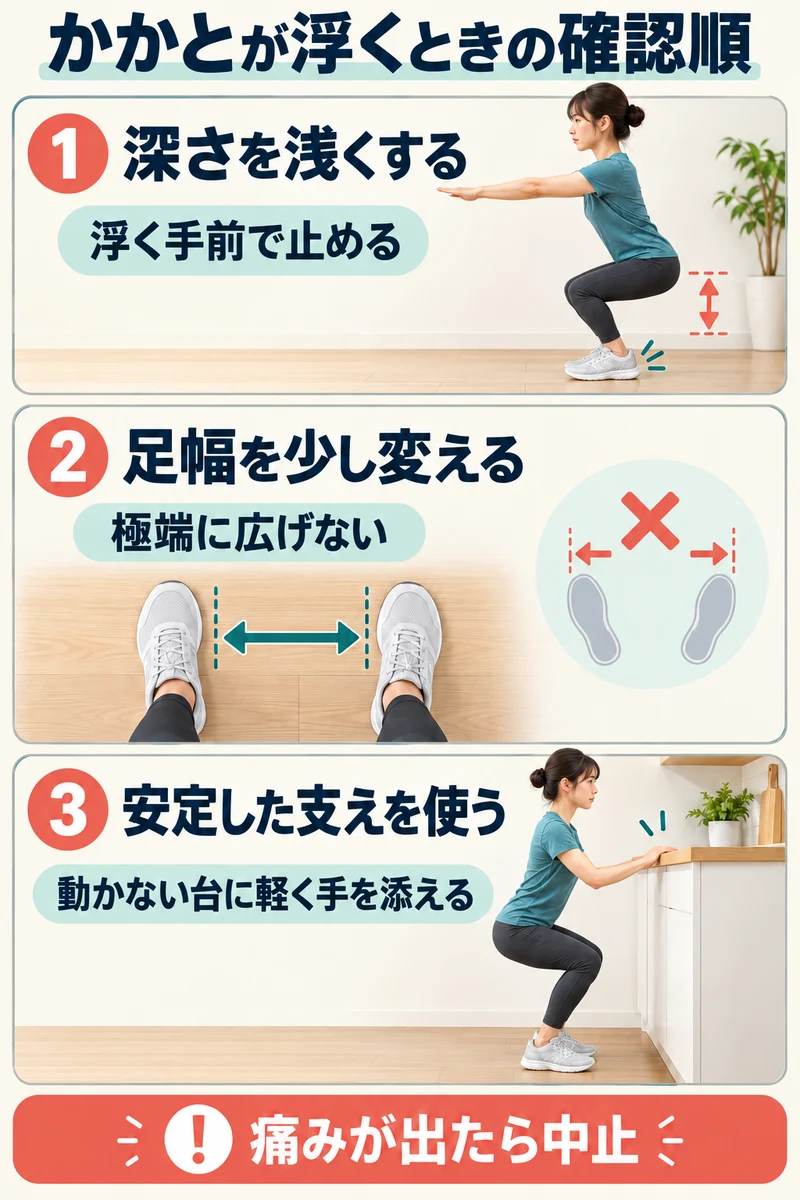 かかとが浮くときは深さを浅くし、足幅を少し変え、安定した支えを使う順に確認する図
