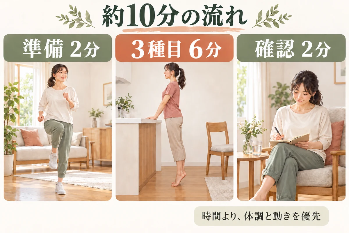 準備２分、休憩を含む３種目６分、体調確認と記録２分という約10分の入門例