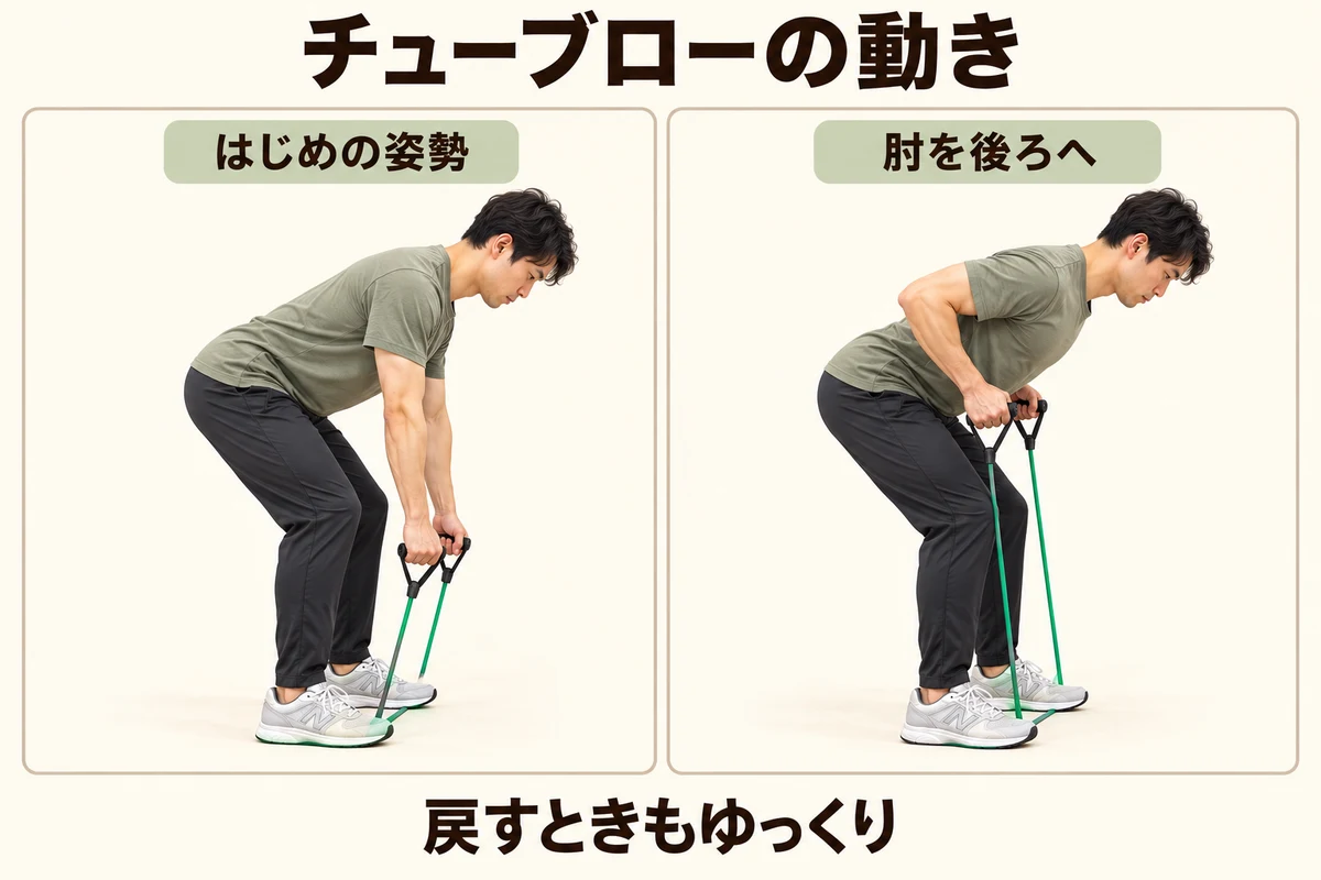 両足でチューブを踏み、膝を軽く曲げて上体を傾けた開始姿勢と、姿勢を保ちながら肘を後ろに引くチューブローの動作図