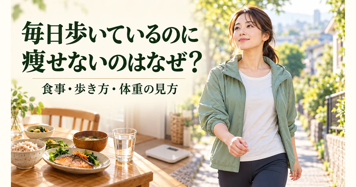 毎日歩いているのに痩せないのはなぜ？食事・歩き方・体重の見方。歩く女性と食事、体重計を描いたイラスト