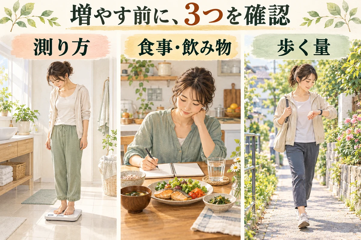 歩く量を増やす前に、朝の体重の測り方、食事と飲み物の記録、実際に歩いた時間を確認する３つの場面