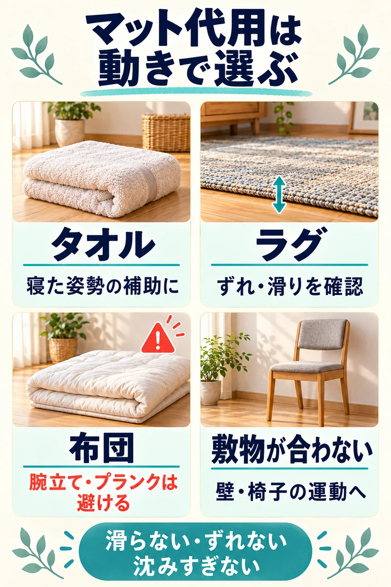 タオルは寝た姿勢の補助、ラグはずれや沈み込みを確認、布団は手足で支える運動を避け、合う敷物がなければ立った運動へ切り替える比較図。